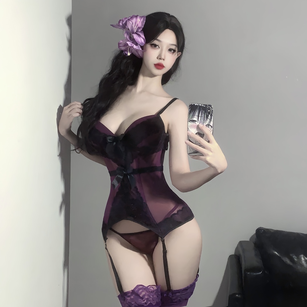 Siren Black & Purple Mesh Top & Panty Set 4228 | Edgy Elegance