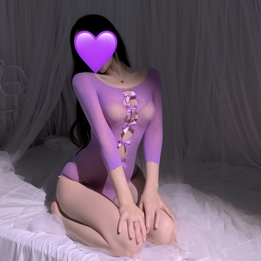 Knitted see-through bowknot hollow rhinestone jumpsuit