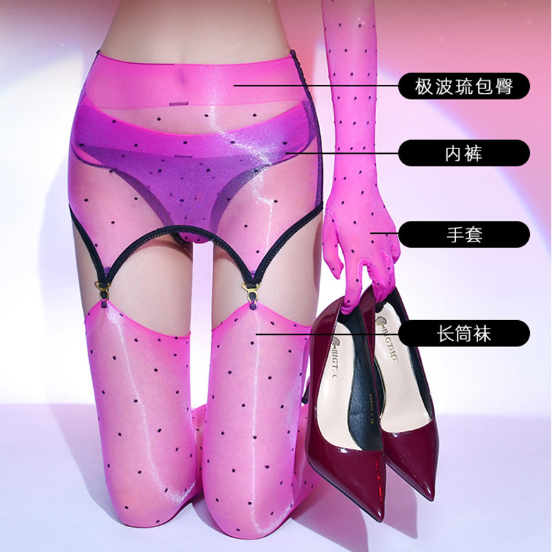 Aurora polka dot suspender stockings long tube shiny sexy five-finger gloves temptation