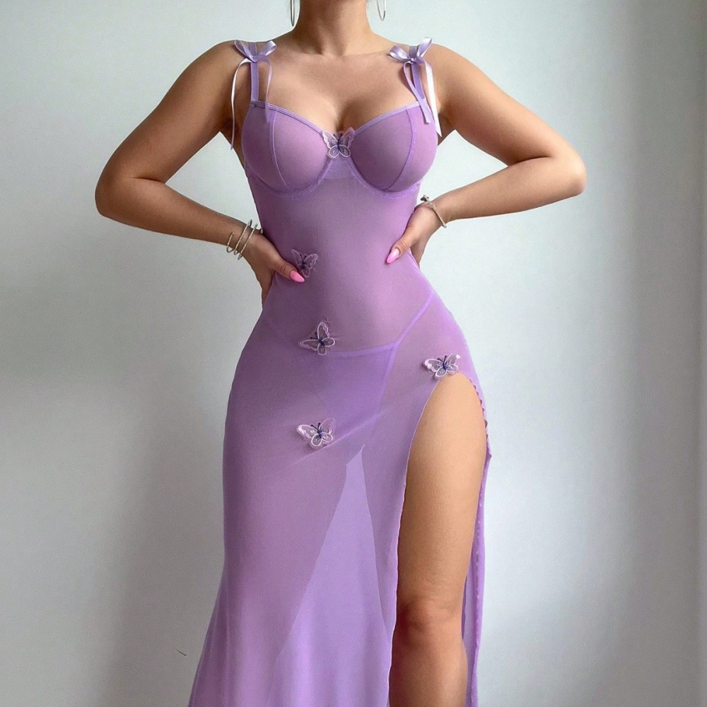 See-through mesh temptation lace backless high slit sexy lingerie suspender dress for women