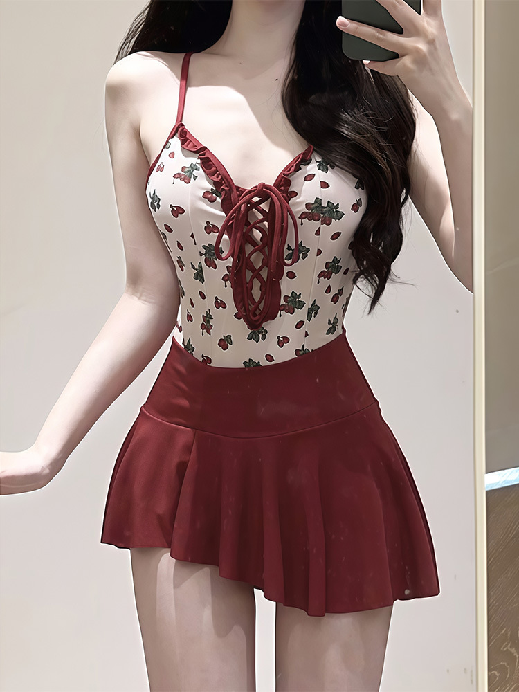 French swimsuit women's bikini beach vacation strawberry print one-piece sexy backless