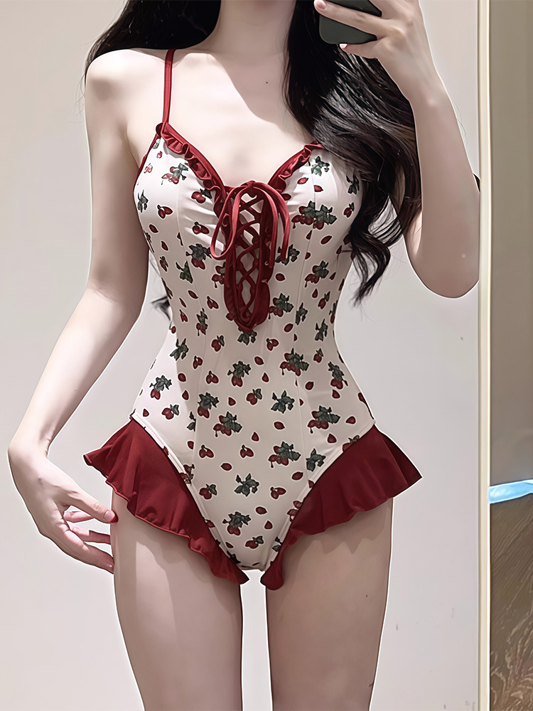 French swimsuit women's bikini beach vacation strawberry print one-piece sexy backless