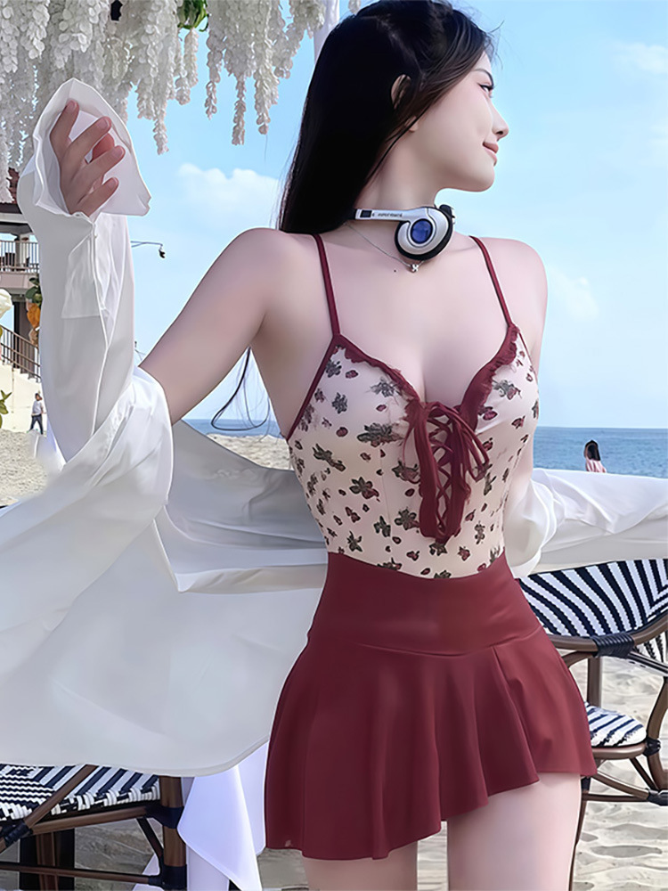 French swimsuit women's bikini beach vacation strawberry print one-piece sexy backless