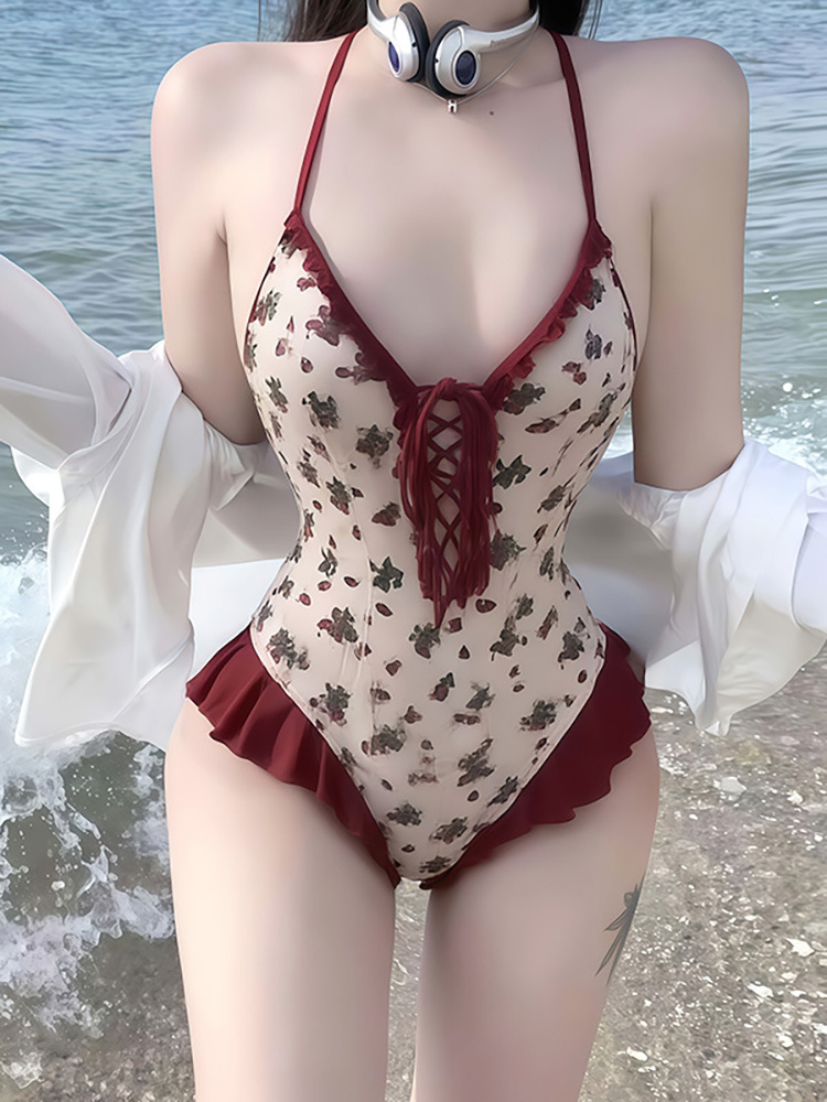 French swimsuit women's bikini beach vacation strawberry print one-piece sexy backless