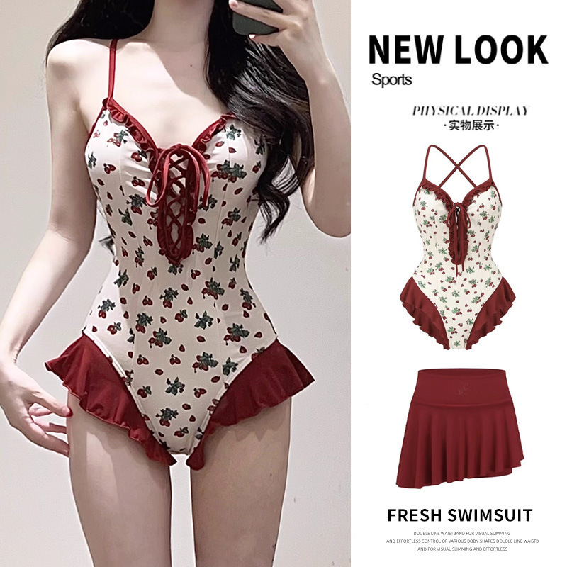 French swimsuit women's bikini beach vacation strawberry print one-piece sexy backless