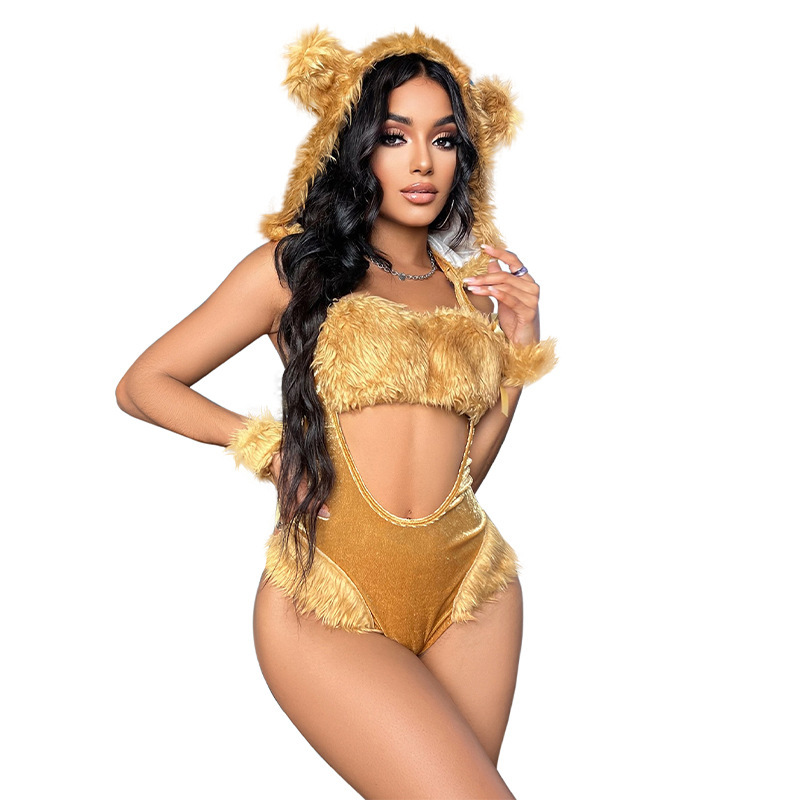Sexy wildcat temptation uniform suit gold fluffy hooded sexy lingerie