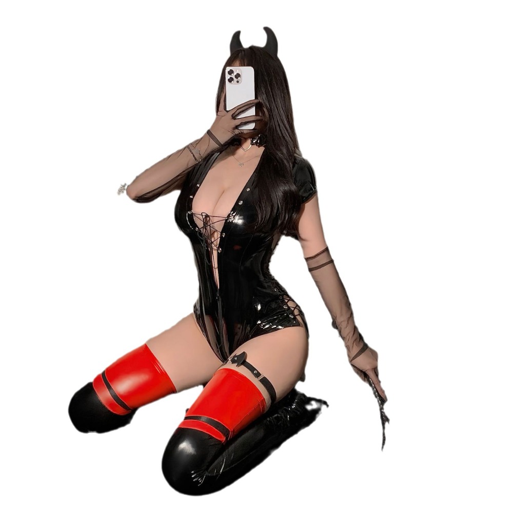 Little devil free to take off jumpsuit patent leather temptation see-through hot