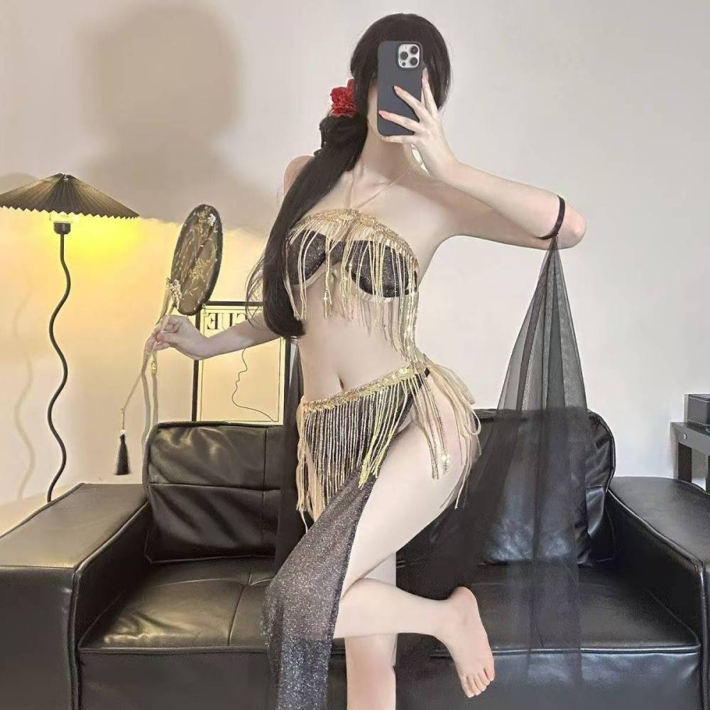 Exotic dancer tassel sequined slit lace-up skirt uniform