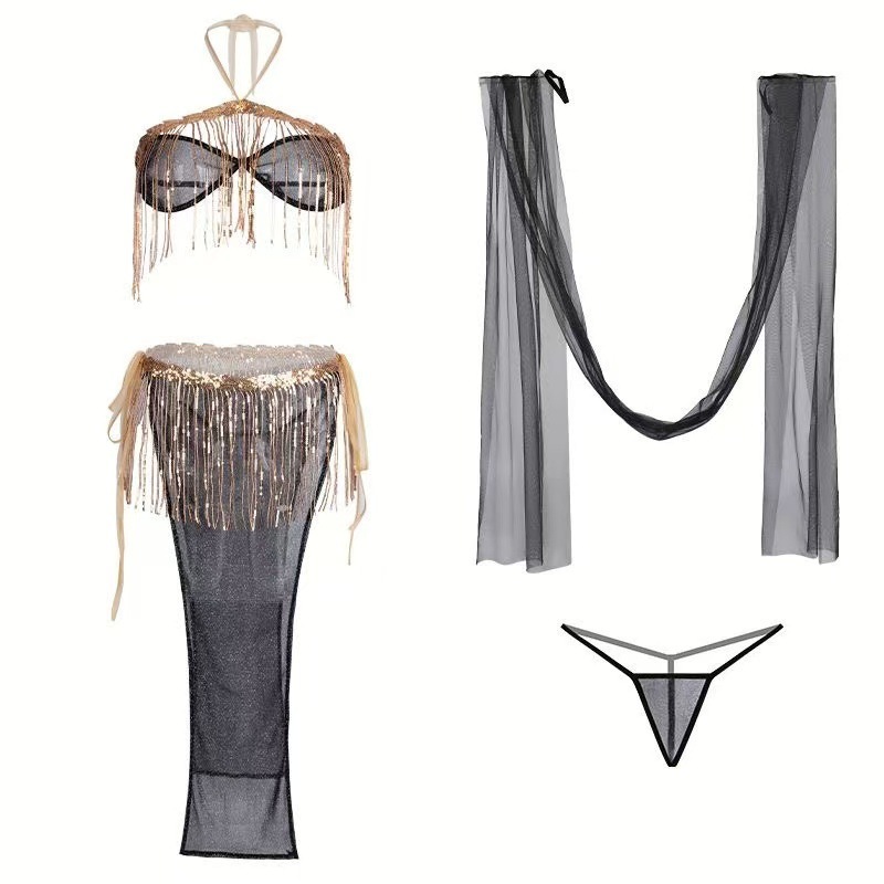 Exotic dancer tassel sequined slit lace-up skirt uniform