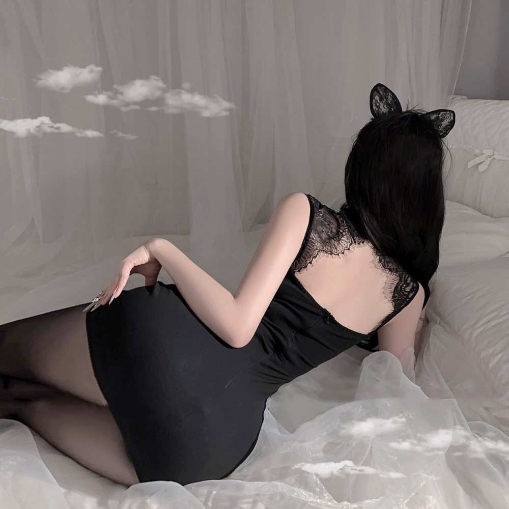 Black hollow texture lace splicing breathable slim hot girl slim hip