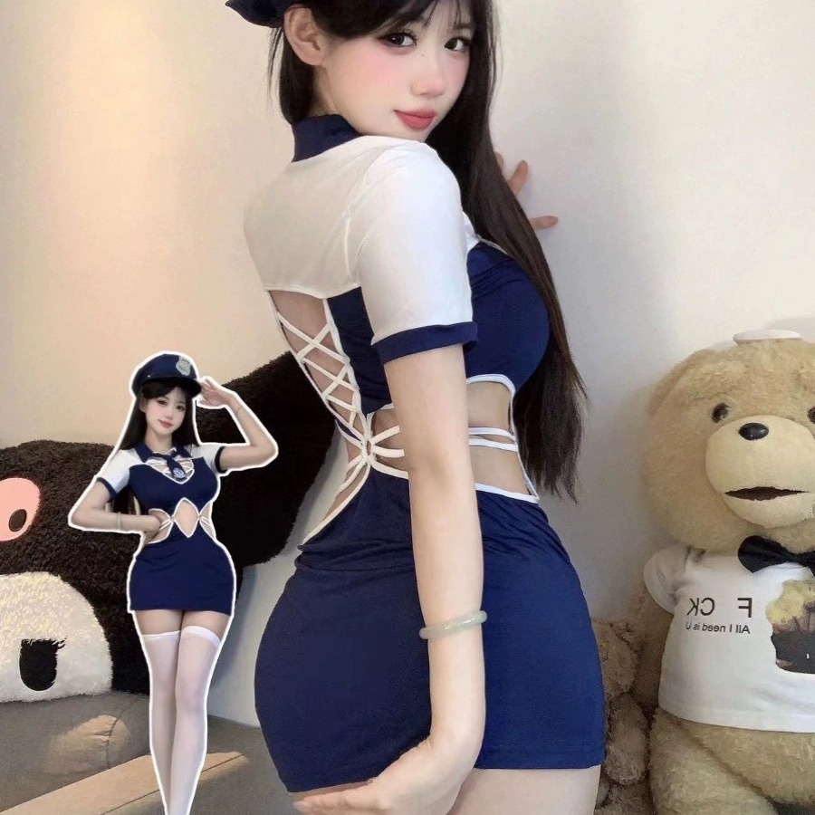 Sexy stewardess uniform hollow professional cos one-piece pure desire hip skirt