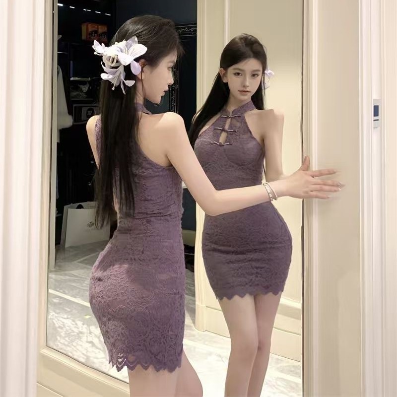Purple New Chinese Temperament Shawl Cardigan Lace Hollow Cheongsam Halter Neck Dress Set