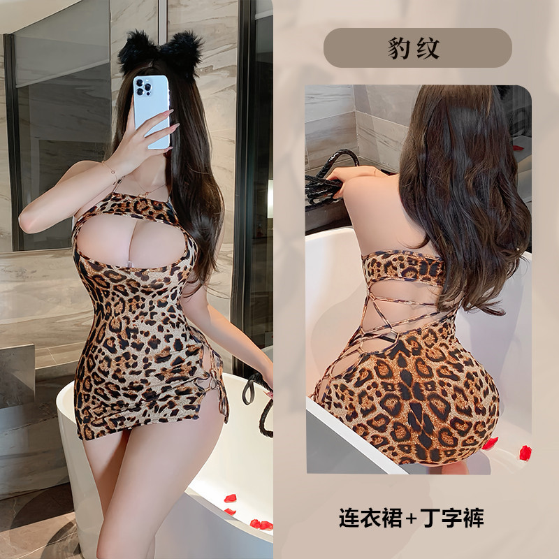 Sexy leopard print nightclub role play uniform temptation lace hollow