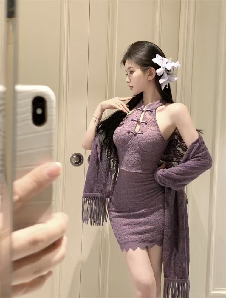 Purple New Chinese Temperament Shawl Cardigan Lace Hollow Cheongsam Halter Neck Dress Set