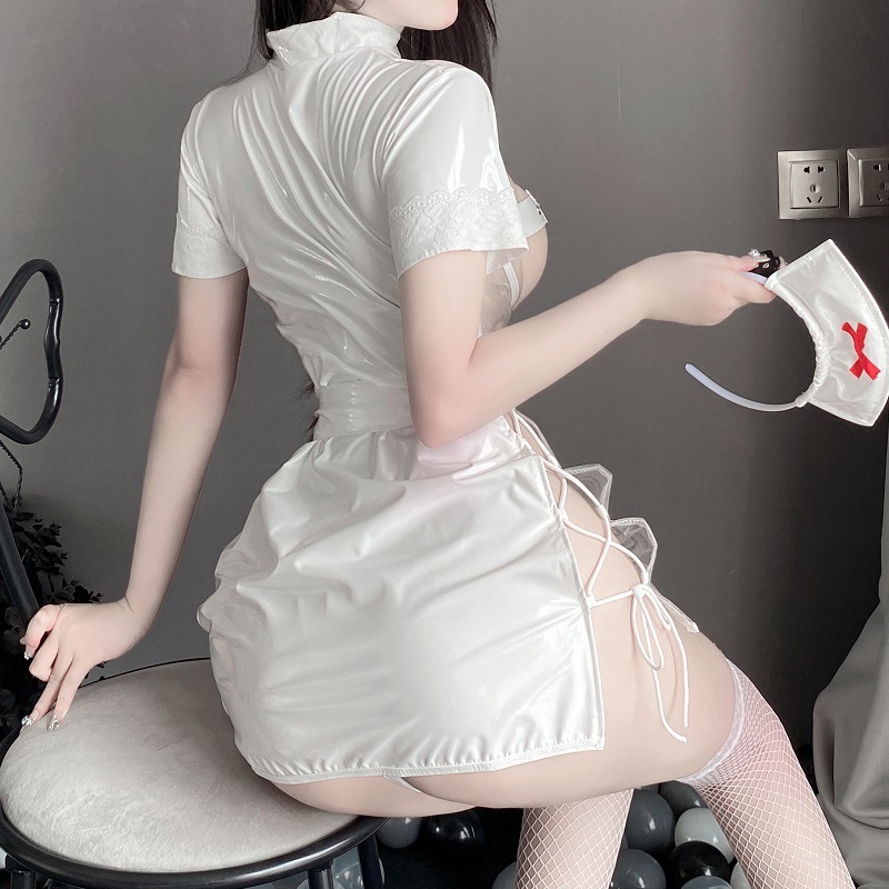 Strap-on patent leather transparent private tight nurse temptation cute cos anime