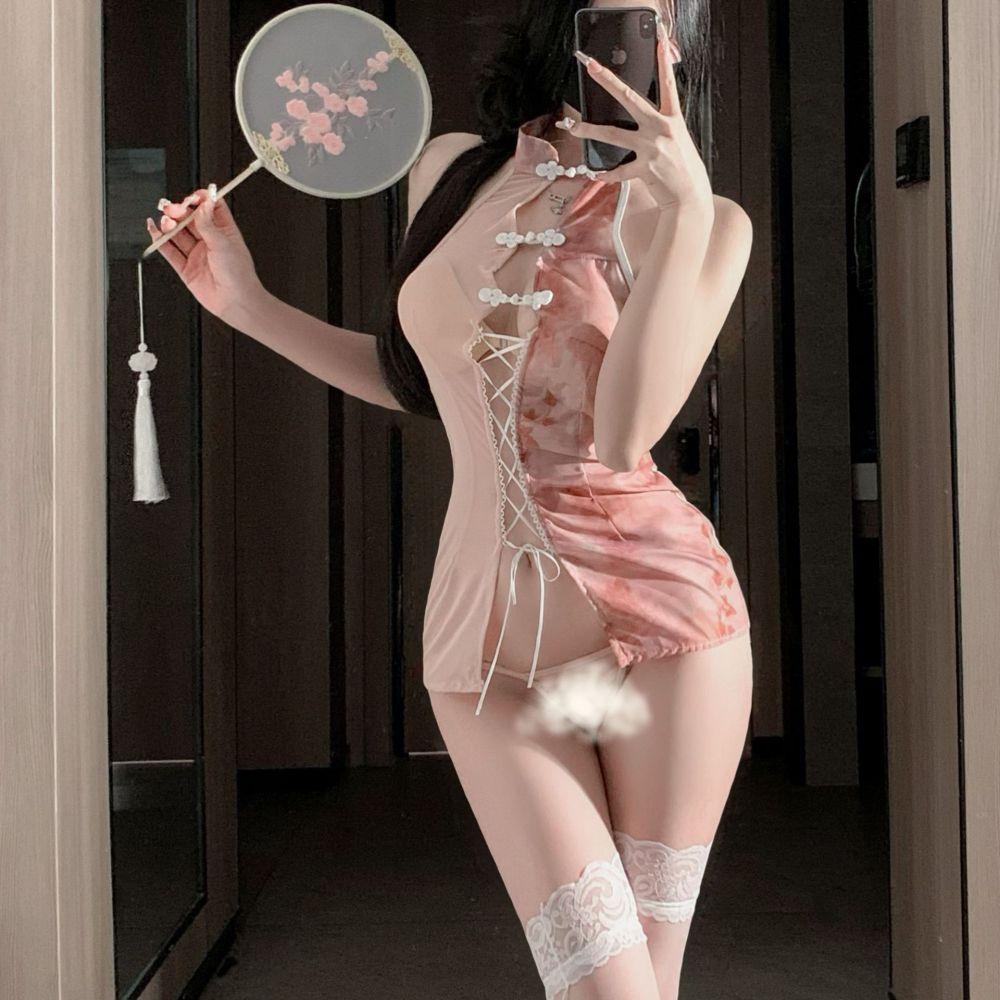 Ancient style dream butterfly button hollow straps see-through cheongsam uniform