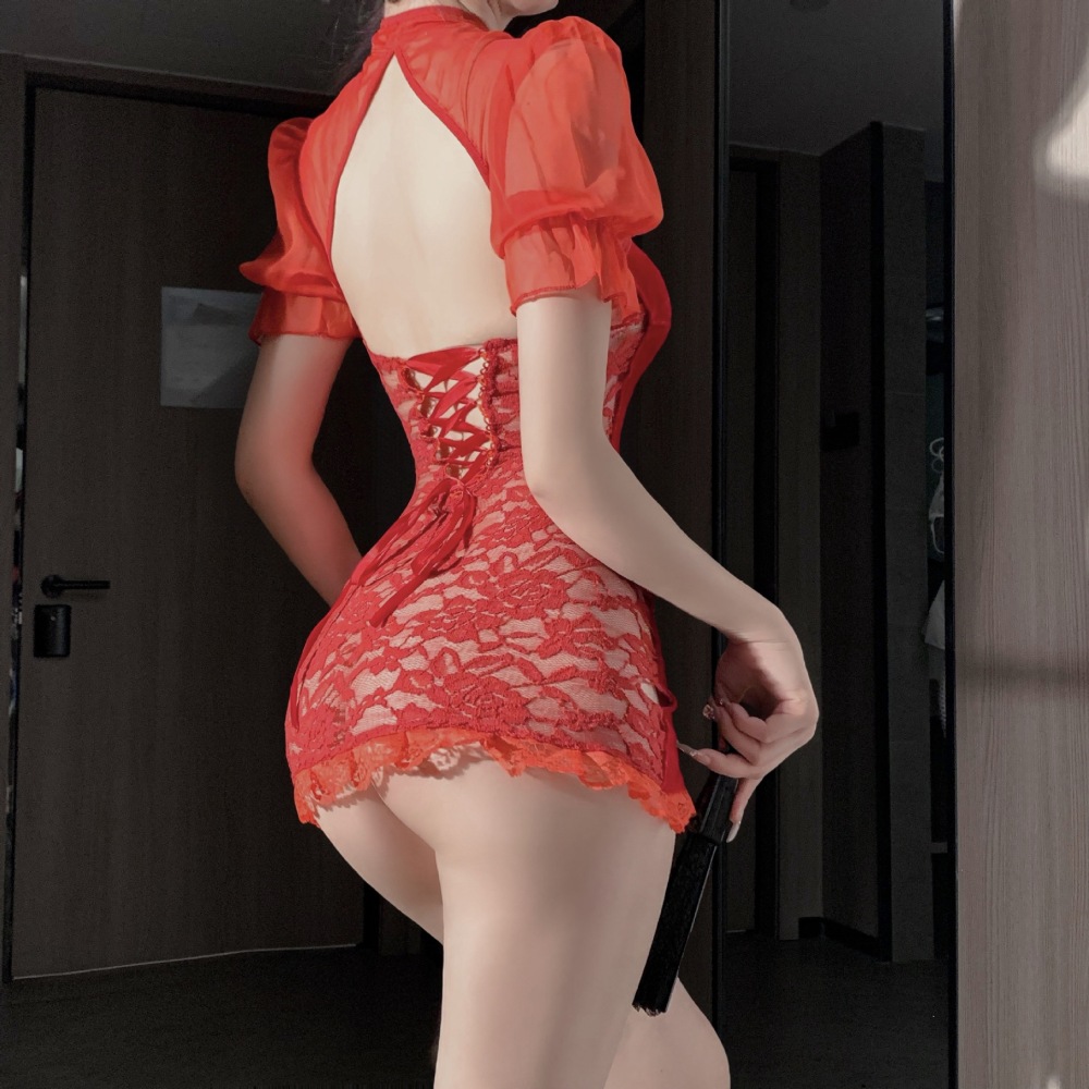 Velvet and lace fun underwear charming hip-penetrating cheongsam uniform
