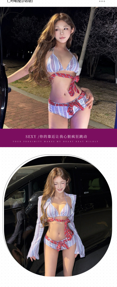 Pure British style bikini three-piece striped swimsuit