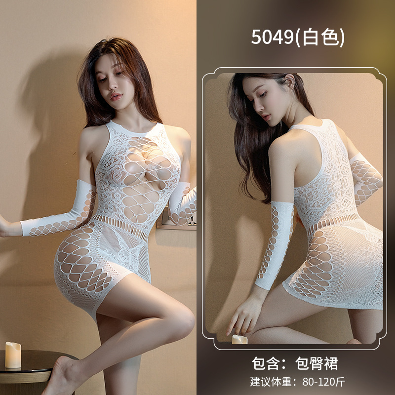 One-piece mesh tight hollow hip-wrapped short skirt uniform suit free to take off transparent tearable