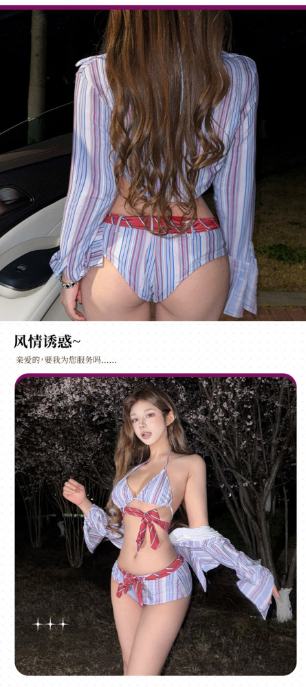 Pure British style bikini three-piece striped swimsuit