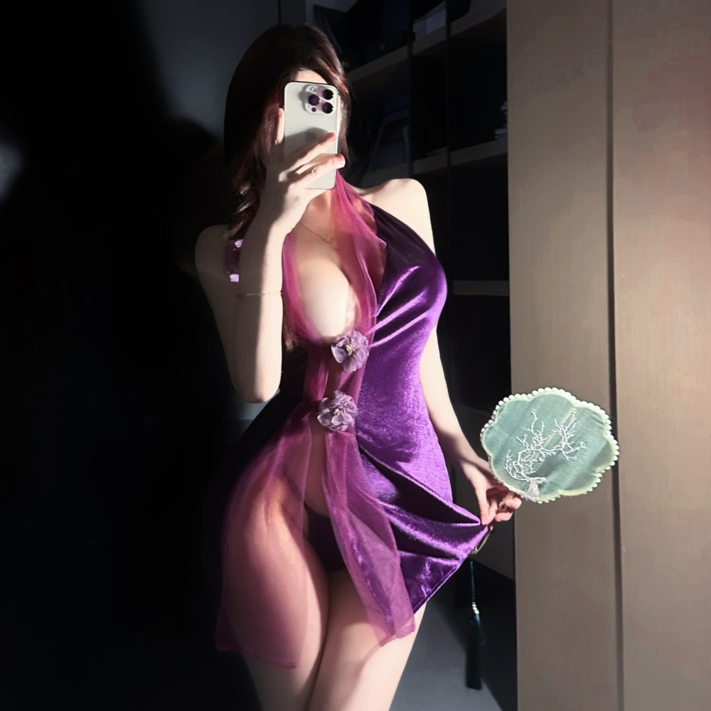 Purple noble lady cheongsam pure temptation small chest free pajamas uniform suit