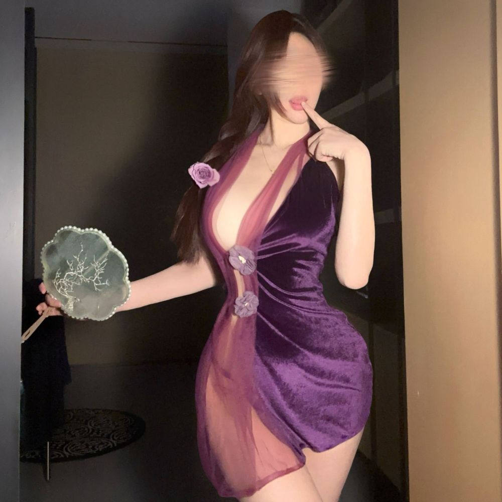 Purple noble lady cheongsam pure temptation small chest free pajamas uniform suit
