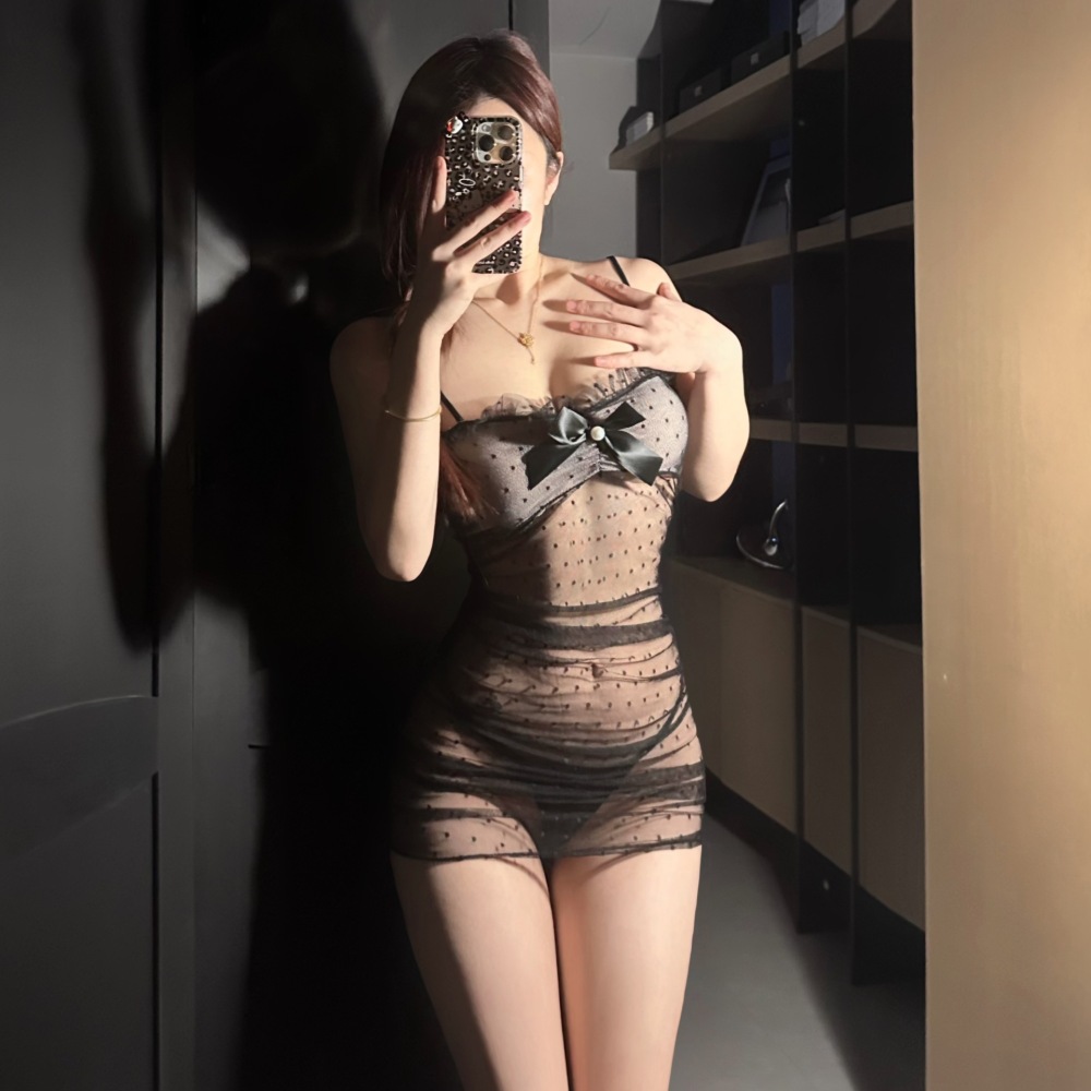 See-through hot pure desire lace bow tie suspender pajamas passion uniform temptation