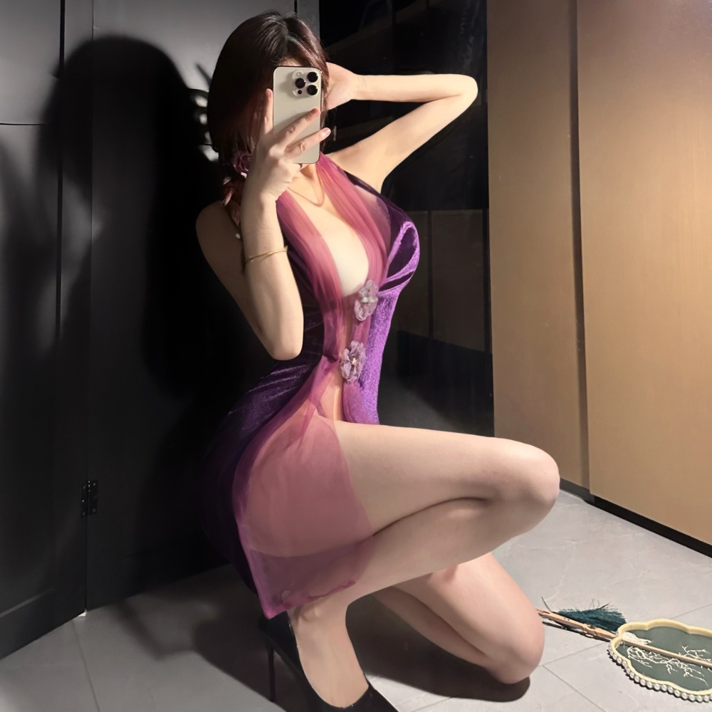 Purple noble lady cheongsam pure temptation small chest free pajamas uniform suit