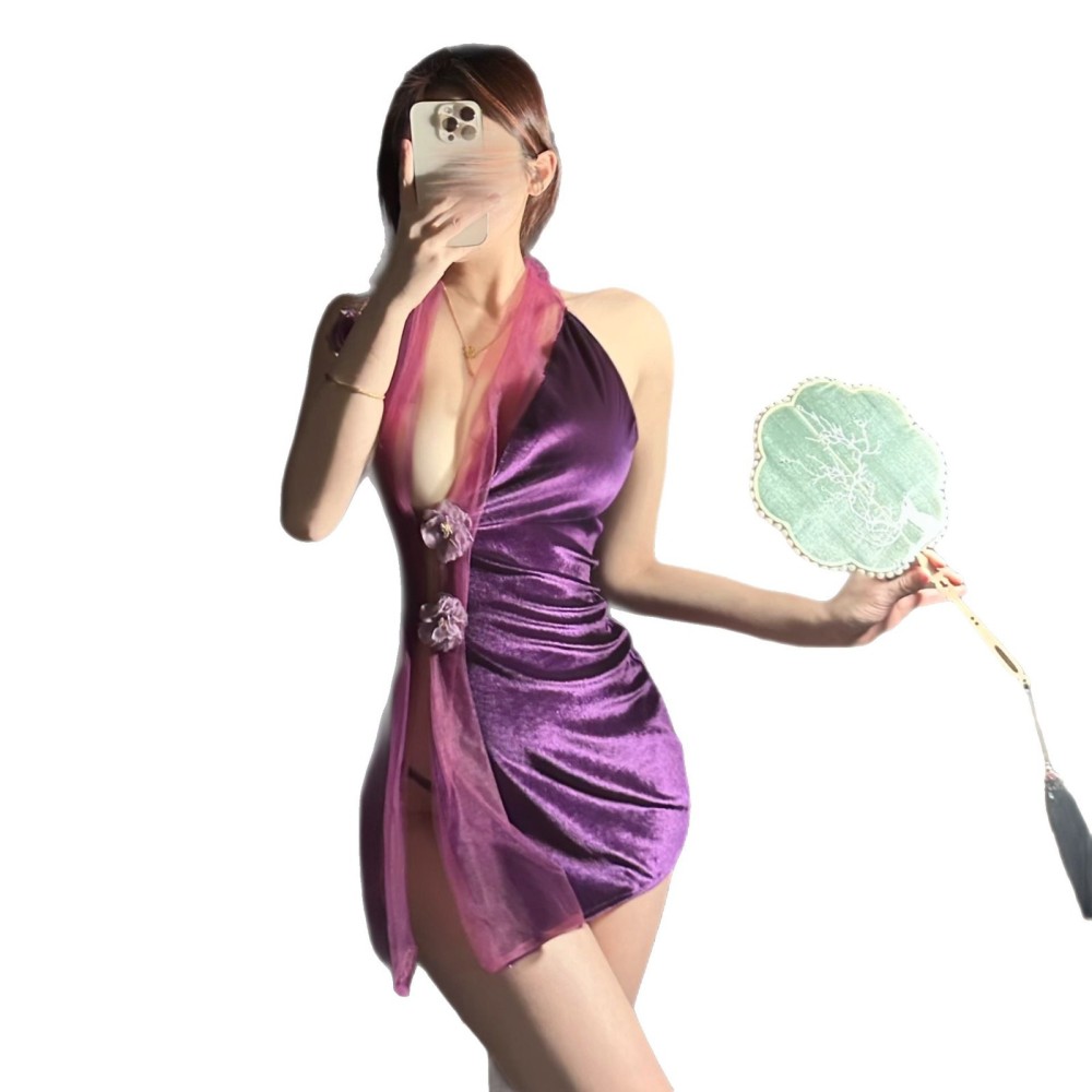 Purple noble lady cheongsam pure temptation small chest free pajamas uniform suit