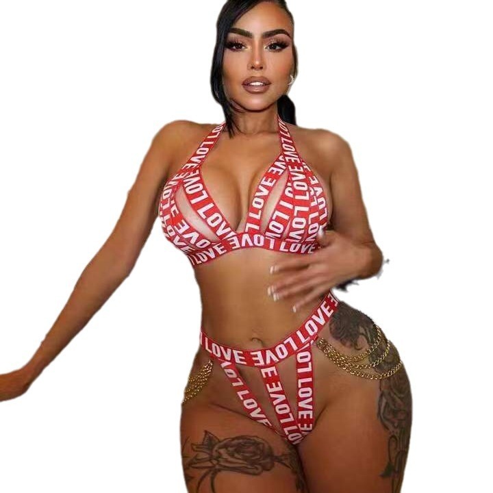 ins style sexy lingerie fashion trend love chain sexy hollow sexy suit 2 piece set