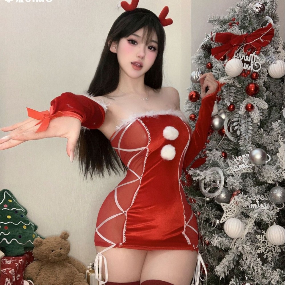 Tube Top Christmas Fun Robe Outfit Pure Desire Hip-wrapped Short Skirt Passionate Hollow Show