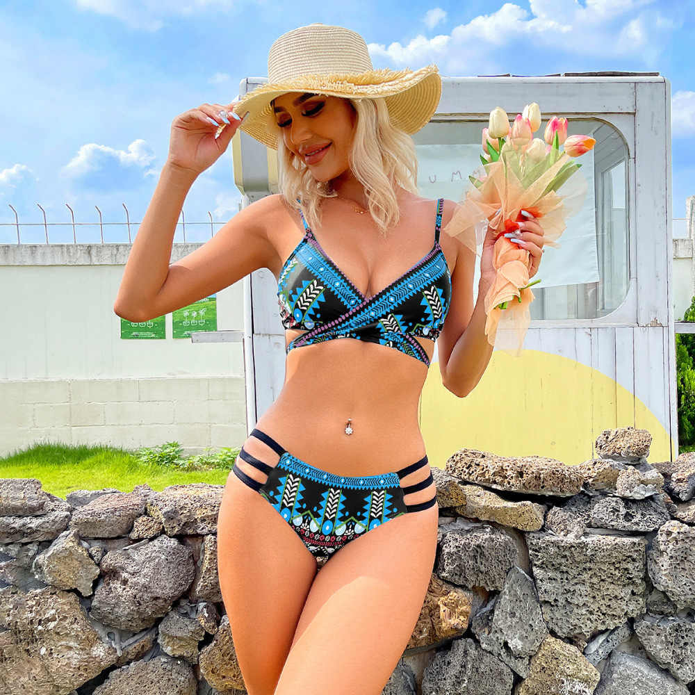 European and American sexy chest cross strap split swimsuit women's ethnic style print sexy bikini swimsuit