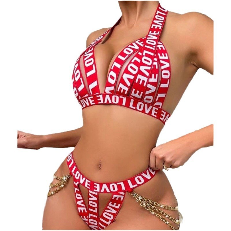 ins style sexy lingerie fashion trend love chain sexy hollow sexy suit 2 piece set