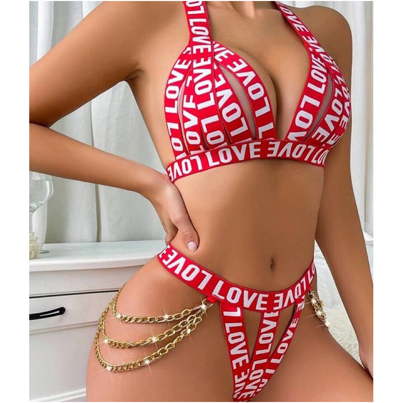 ins style sexy lingerie fashion trend love chain sexy hollow sexy suit 2 piece set