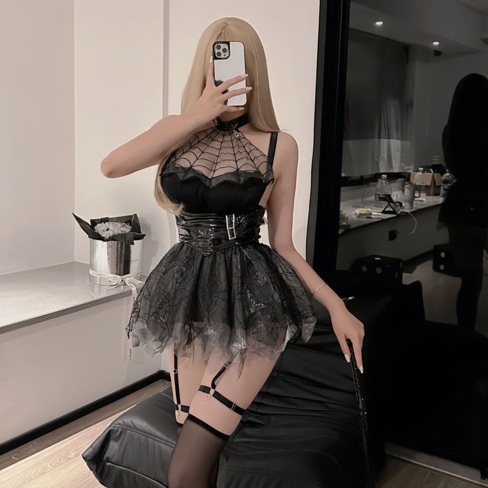 Transparent Soft Tulle Spider Devil Patent Leather Waist Uniform Suit