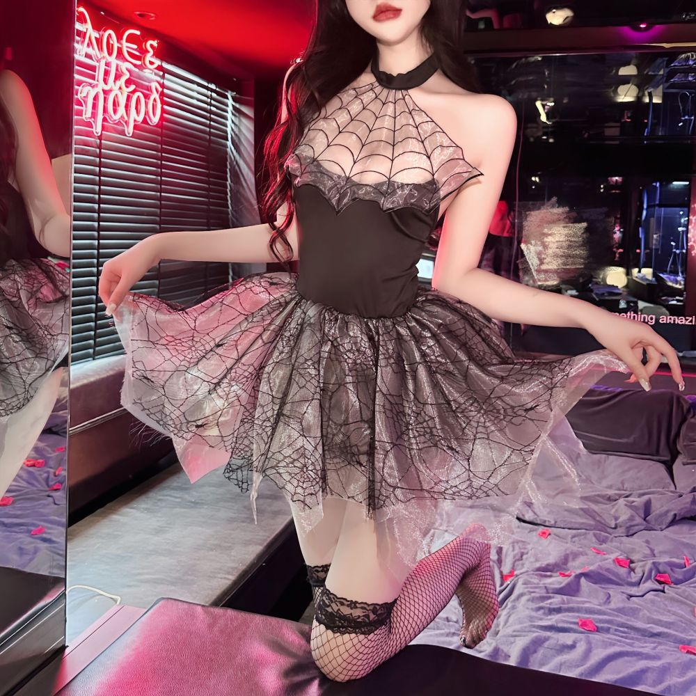 Transparent Soft Tulle Spider Devil Patent Leather Waist Uniform Suit
