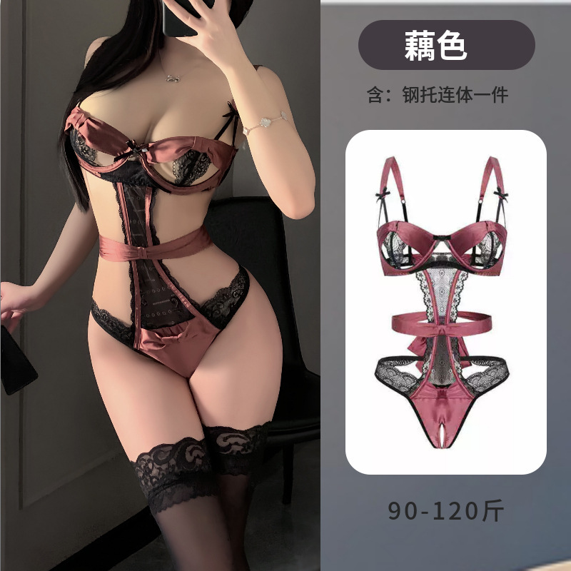 Lotus color open crotch revealing breast jumpsuit tight temptation binding no need to take off