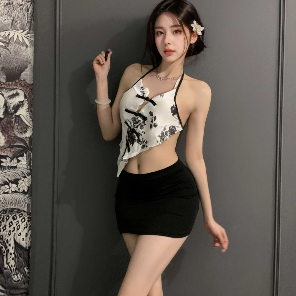 Retro style sexy big size halter neck bellyband super short hot hip skirt secretary uniform suit