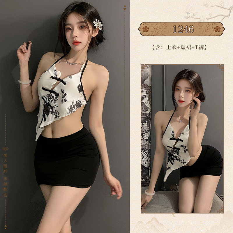 Retro style sexy big size halter neck bellyband super short hot hip skirt secretary uniform suit