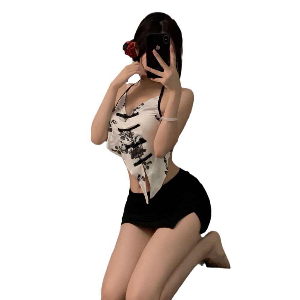 Retro style sexy big size halter neck bellyband super short hot hip skirt secretary uniform suit