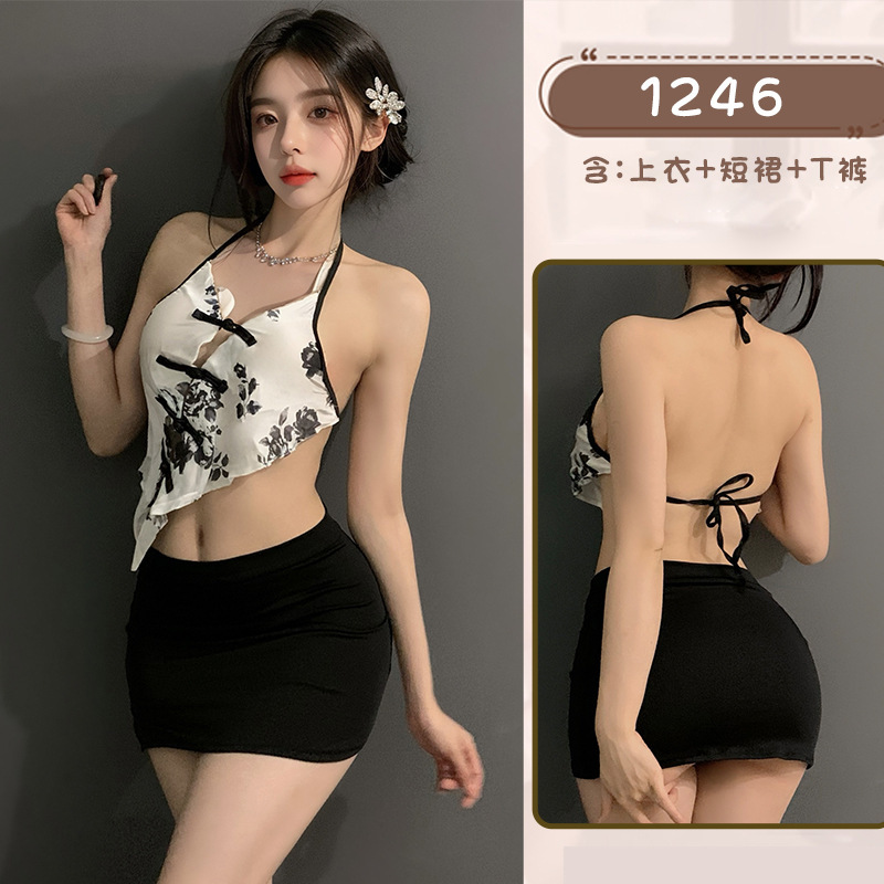 Retro style sexy big size halter neck bellyband super short hot hip skirt secretary uniform suit