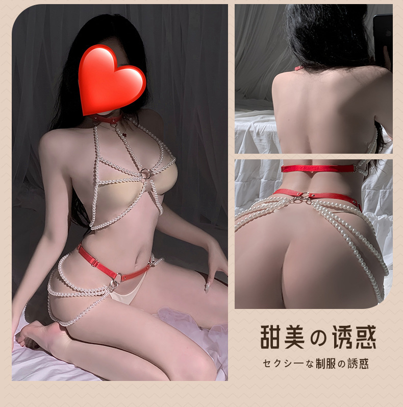 Abstinence pearl chain three-point leather metal bondage bed temptation suit