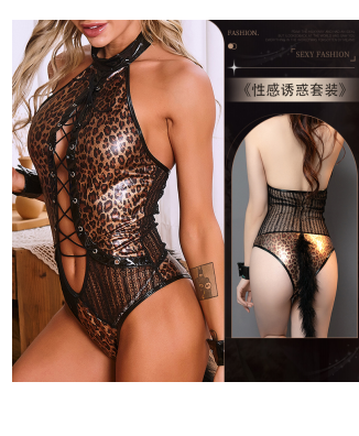 Cat bunny girl backless leopard tail halter neck jumpsuit sexy uniform suit