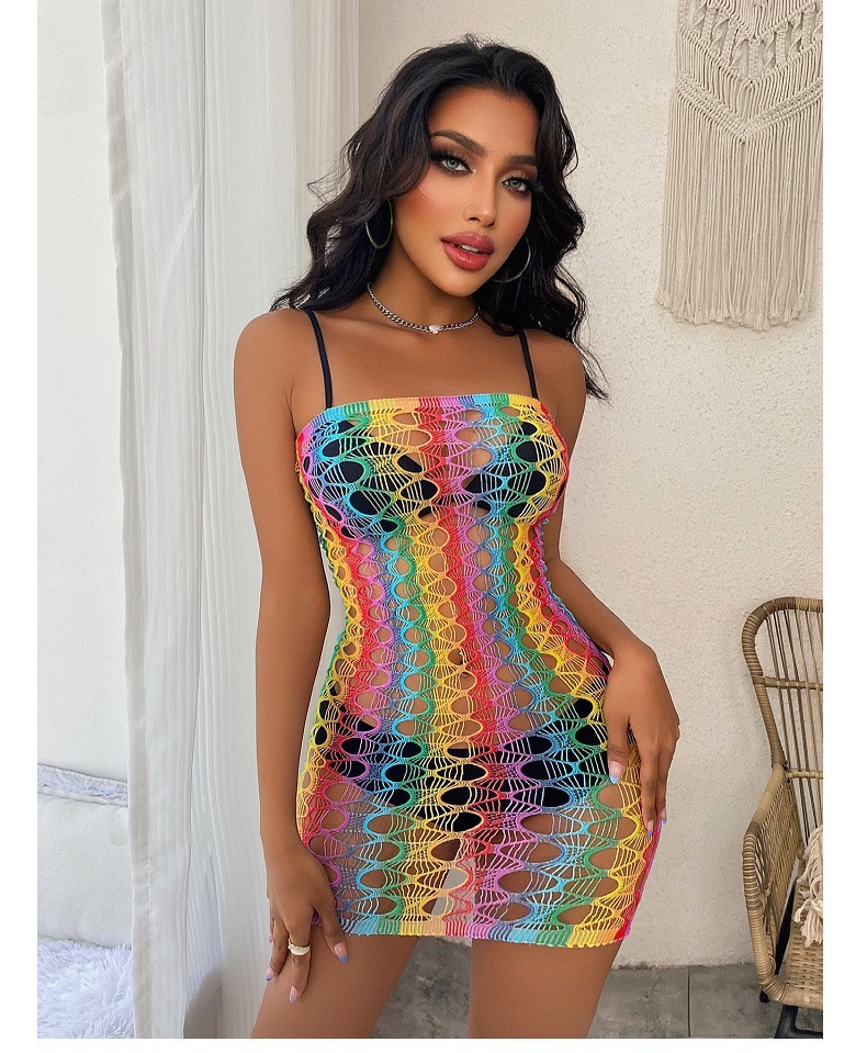 High elastic see-through hollow fishnet sexy color stripe series fun net clothing combination