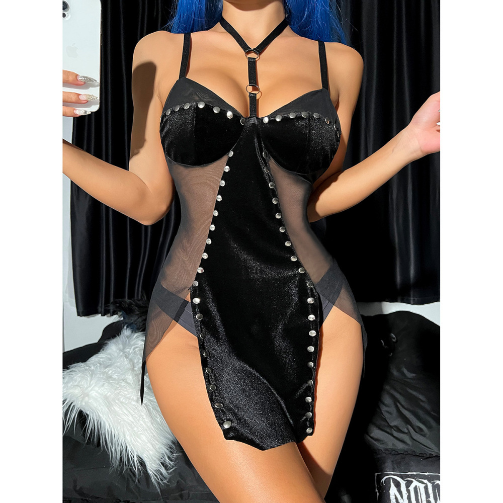 Dark little witch game role play sexy velvet rivet cos suspender nightdress net
