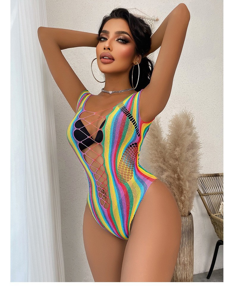 High elastic see-through hollow fishnet sexy color stripe series fun net clothing combination
