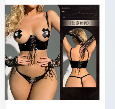 Hot sexy lingerie for women, black split patent leather belt, two-piece set