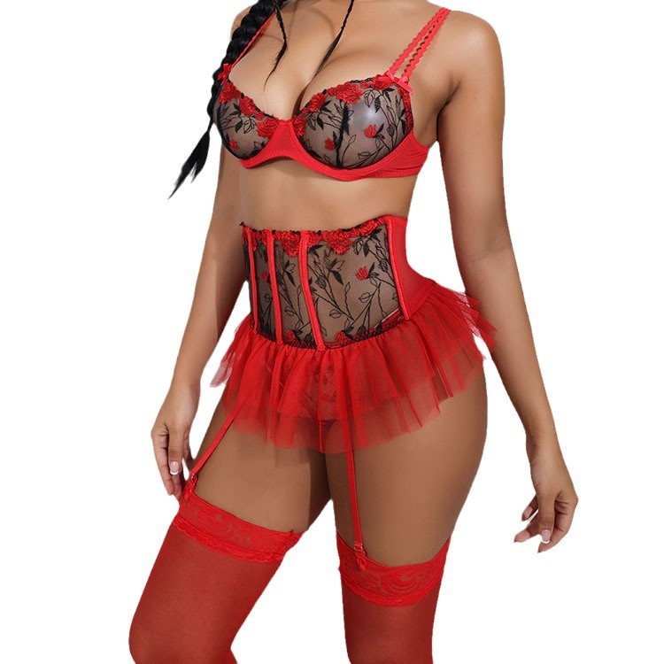 Sexy lingerie three-piece set with leg rings, color matching tutu skirt, body shaper, high-end big chest suit