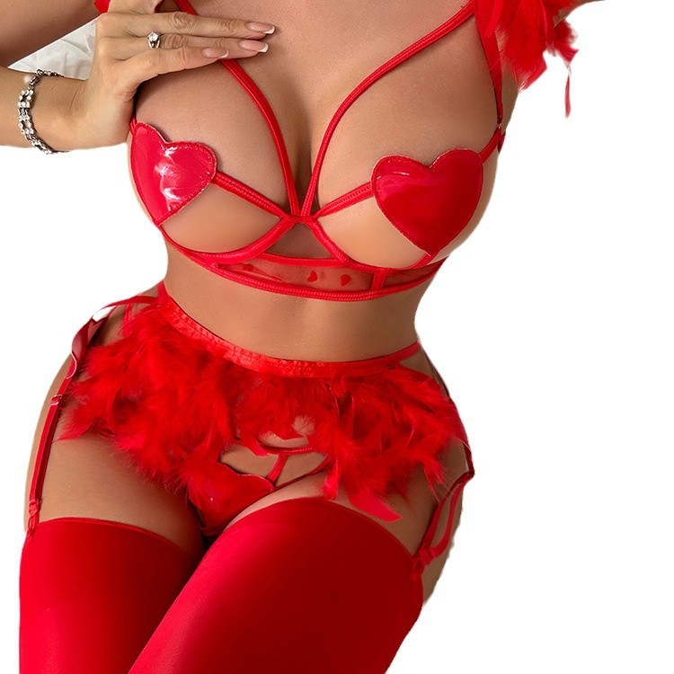 European and American sexy lingerie New style mesh women's sexy lace suspenders four-piece set