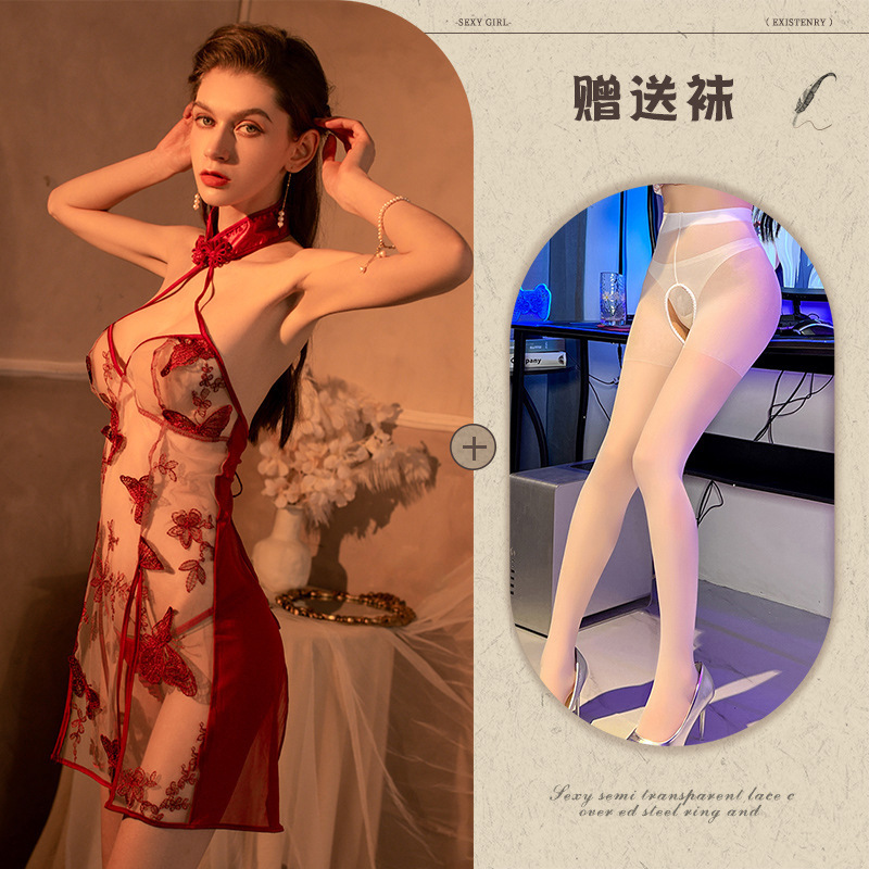 Butterfly embroidered pajamas sexy retro cheongsam style uniform temptation large size suit